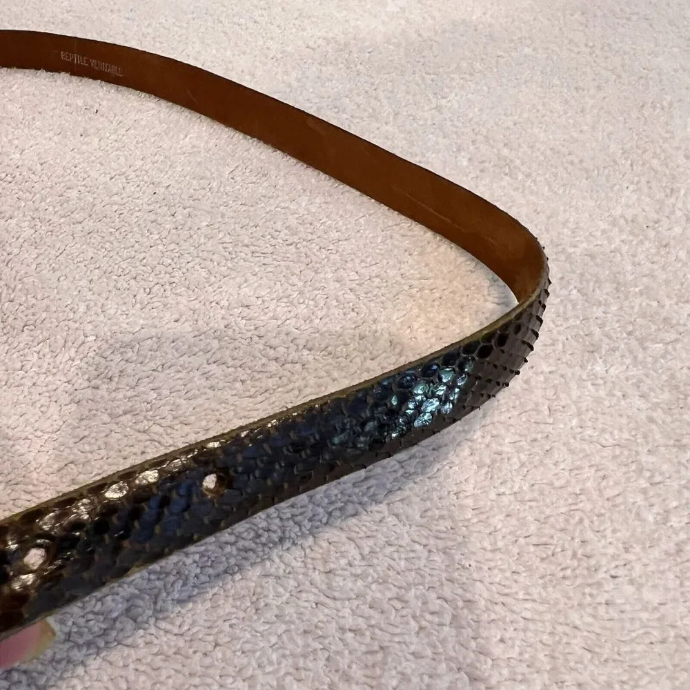 Vtg Reptile Veritable Belt Brown Snakeskin Skinny Leather Gold Plate Buckle 1/2" - Picture 8 of 12